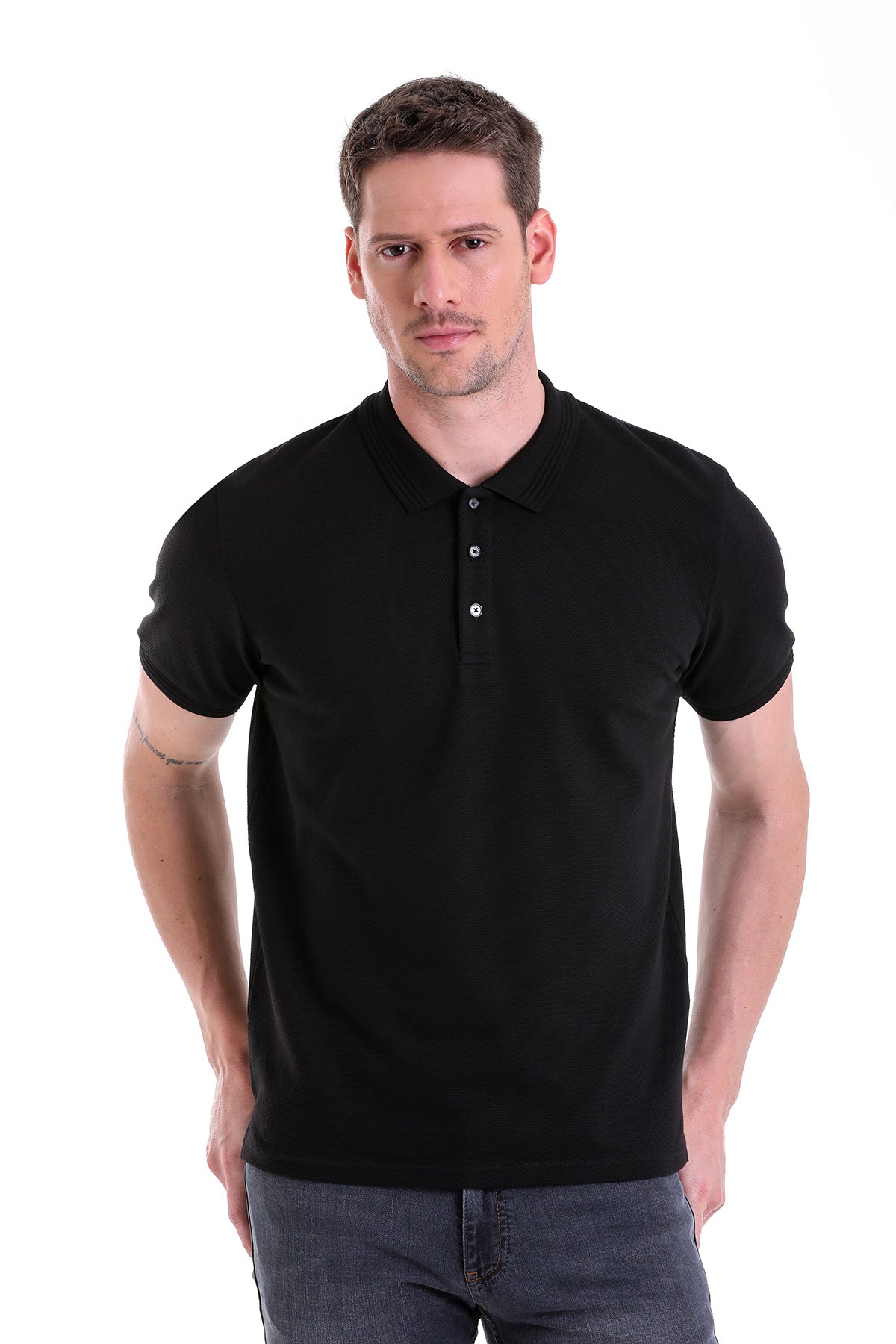 Regular Fit Black Cotton Polo T-Shirt - SAYKI