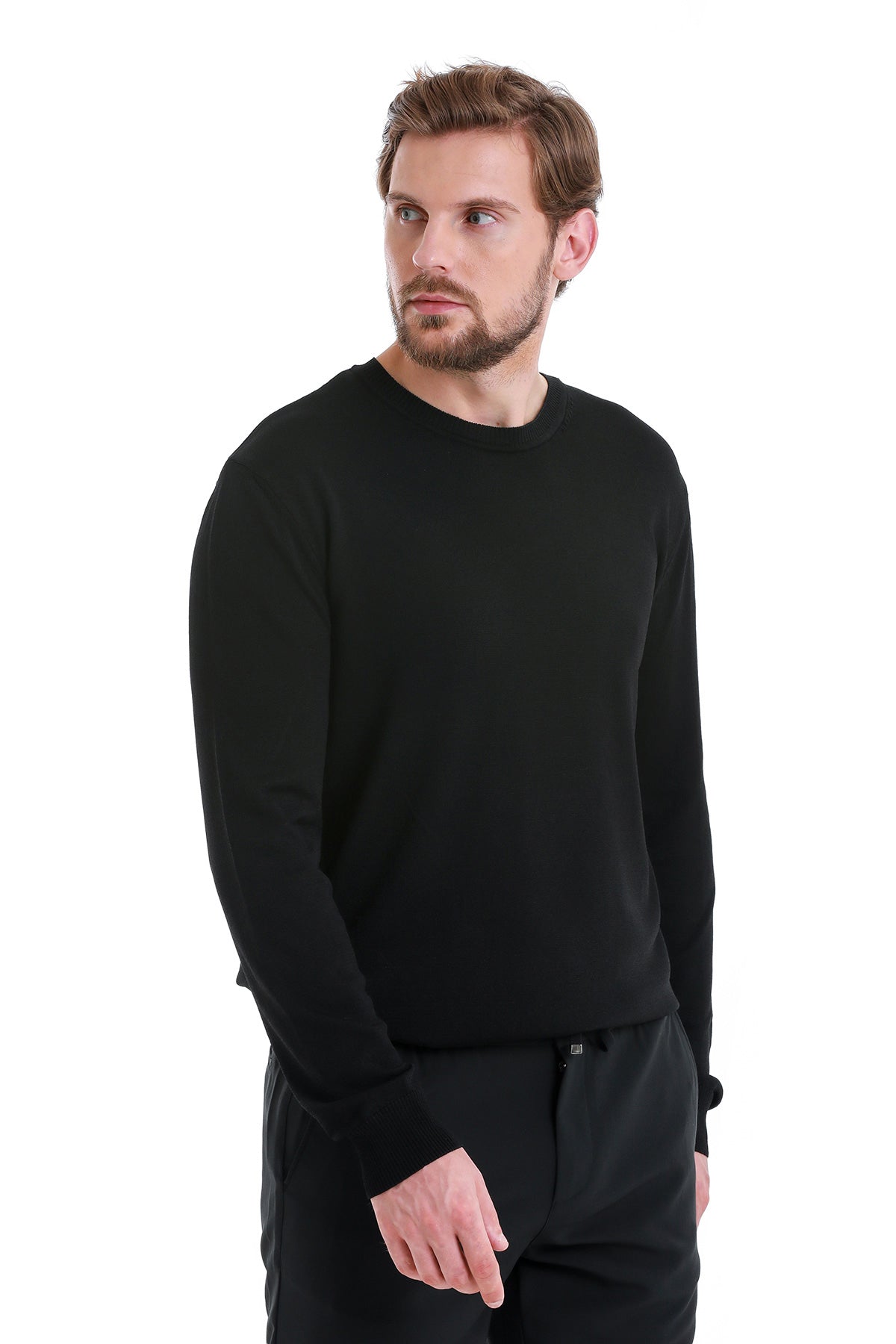 Regular Fit Black Crewneck Sweater - SAYKI