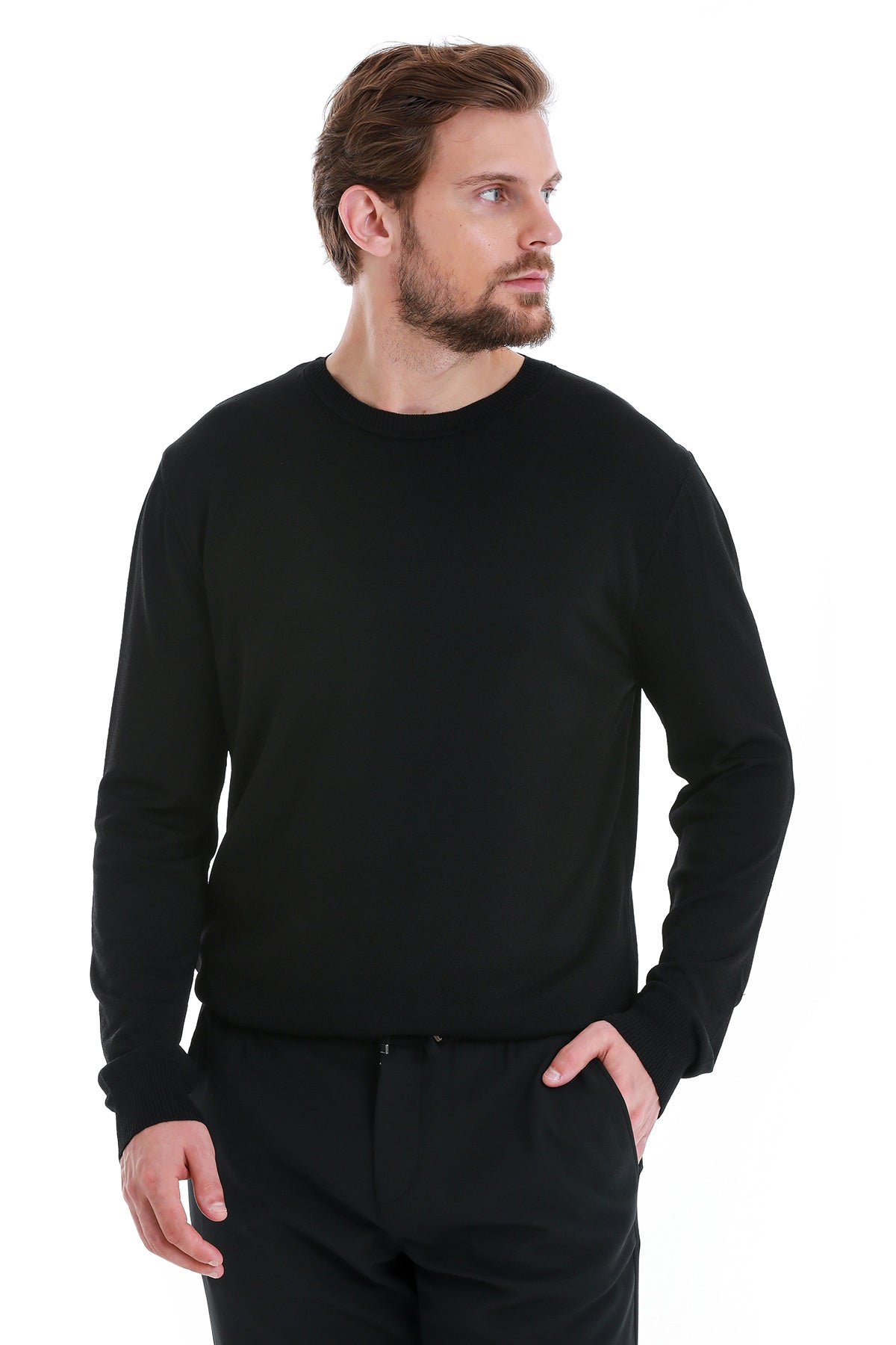 Regular Fit Black Crewneck Sweater - SAYKI