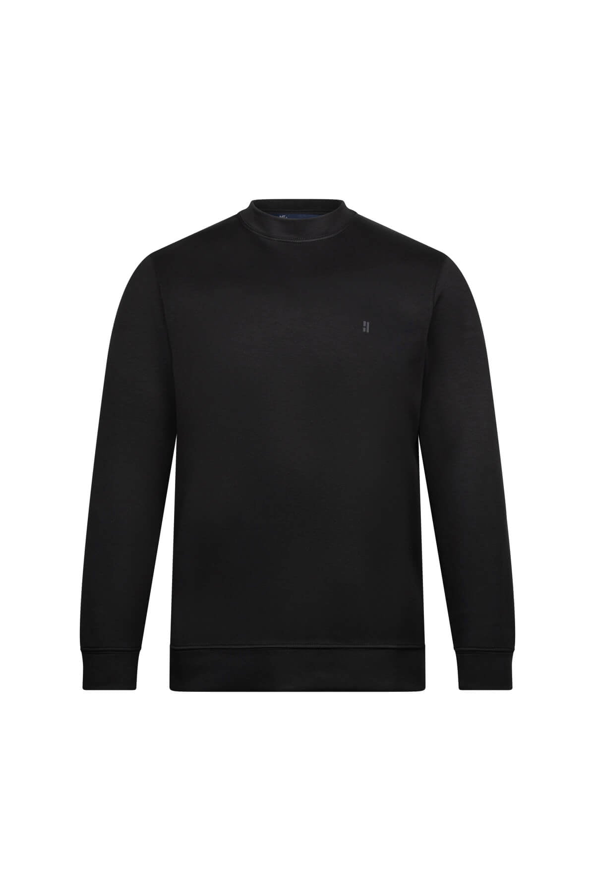 Black crewneck sweatshirt with a subtle embroidered logo on the left chest.