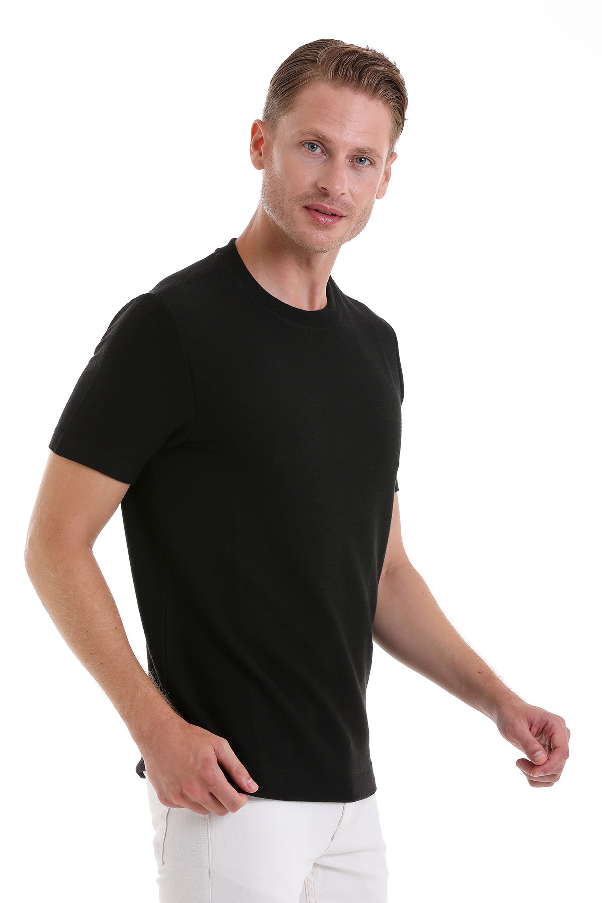 Black short-sleeved crew neck t-shirt.