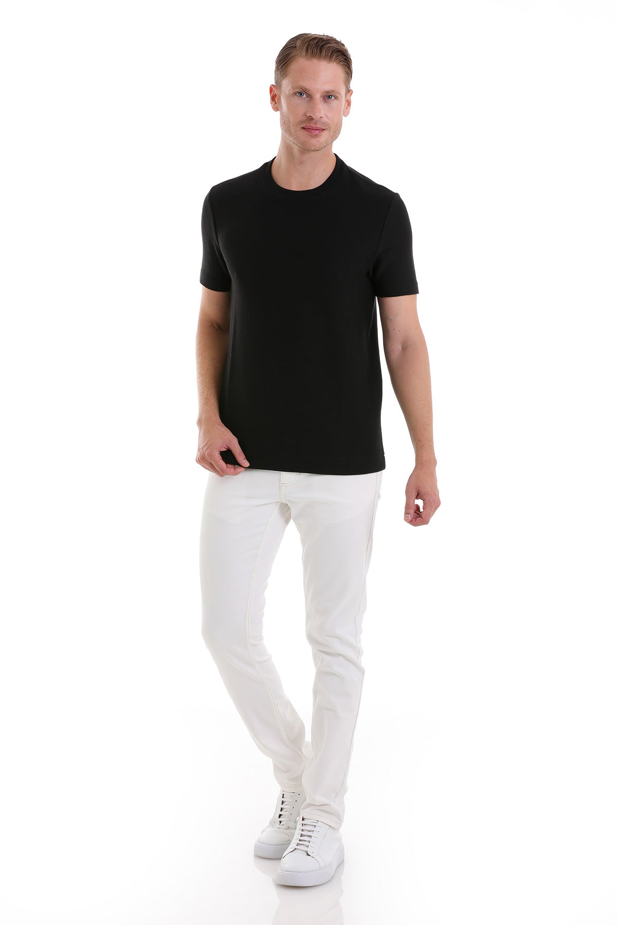 Black short-sleeved crew neck t-shirt.
