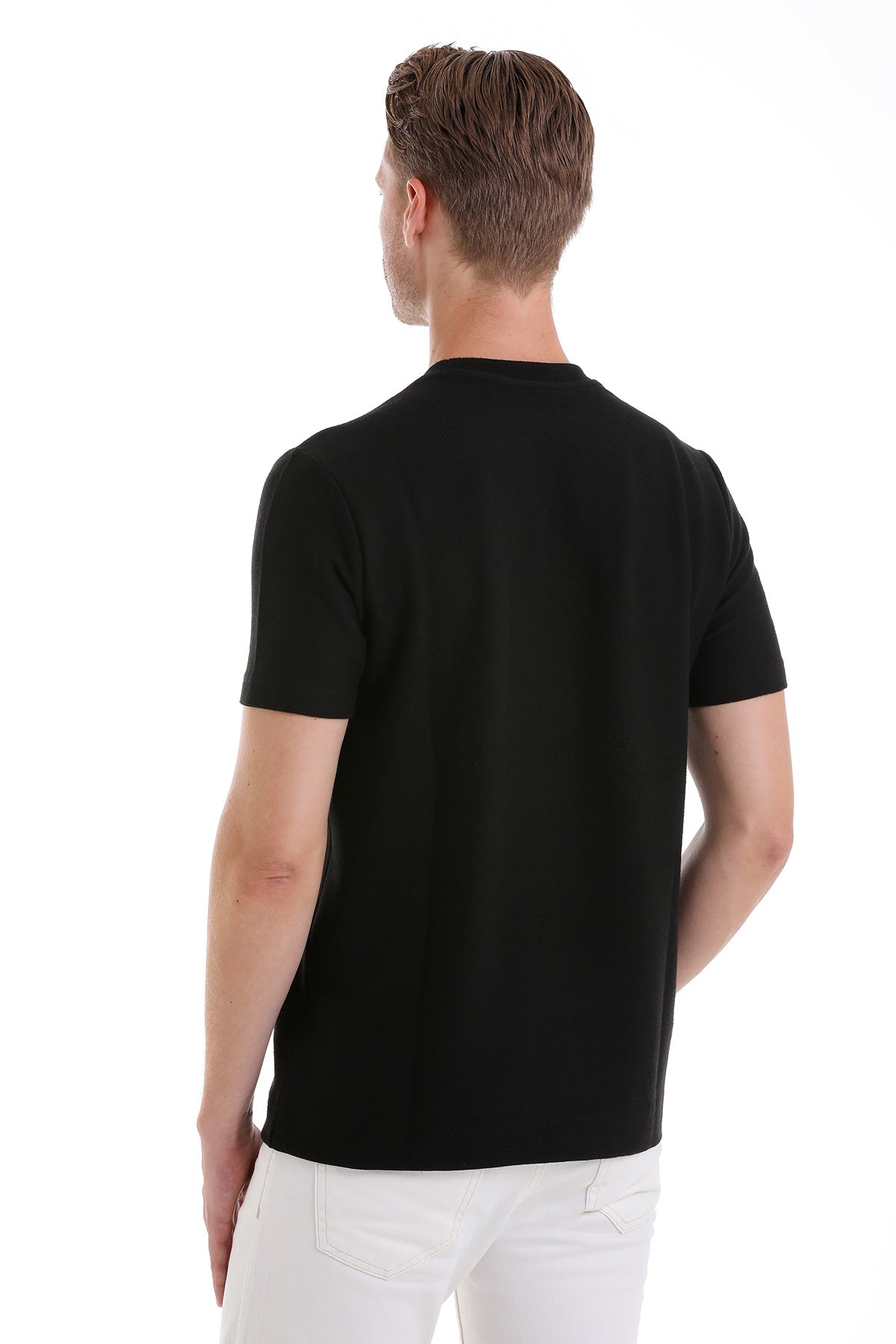 Black short-sleeved crew neck t-shirt.