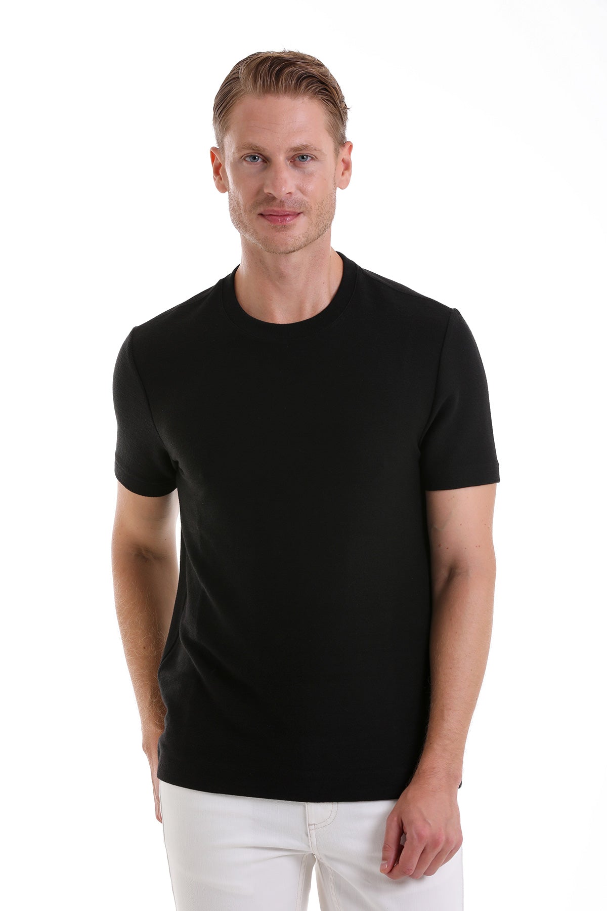 Black crew-neck cotton t-shirt.