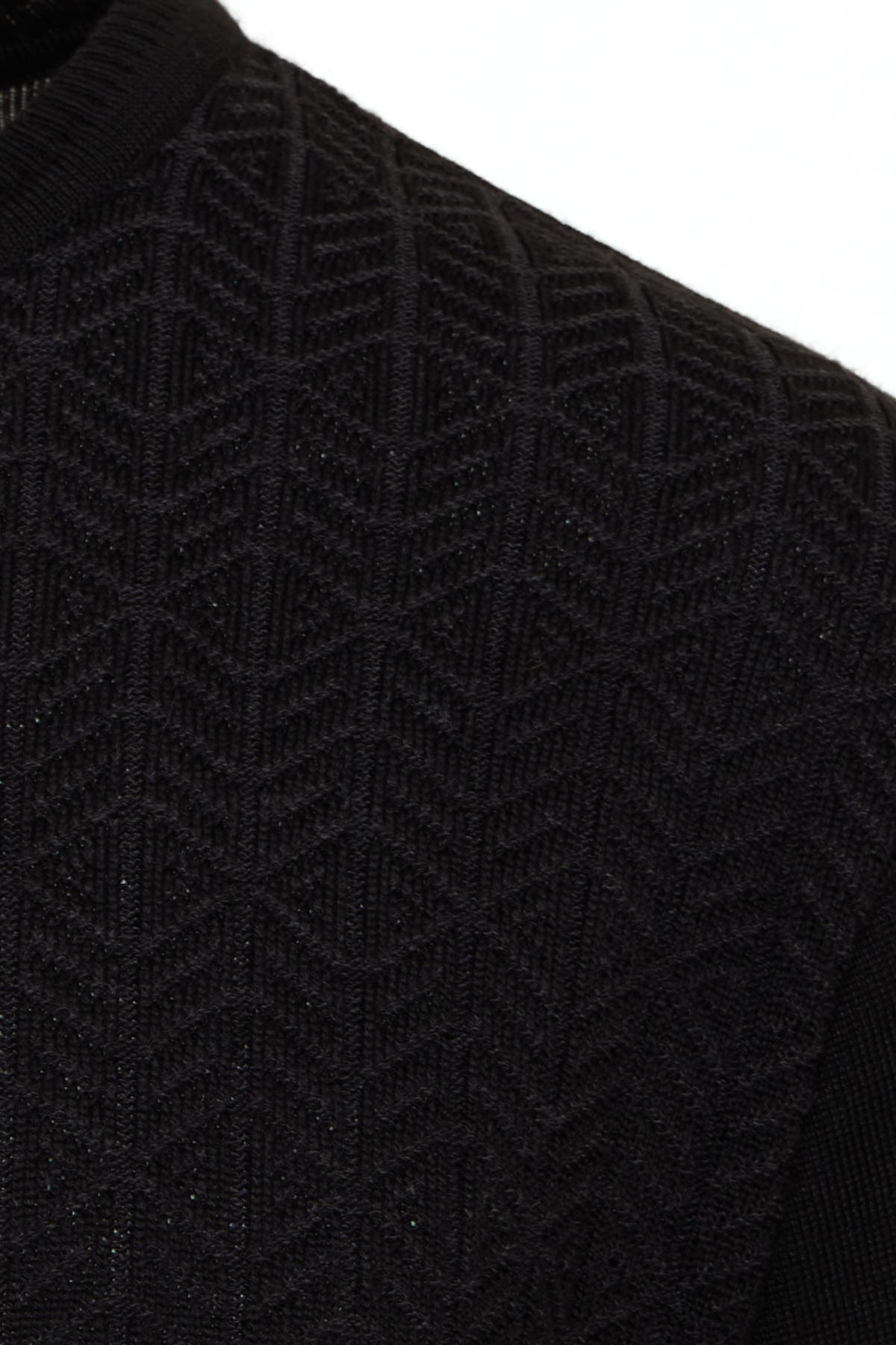 Black knit sweater with a textured diamond pattern.