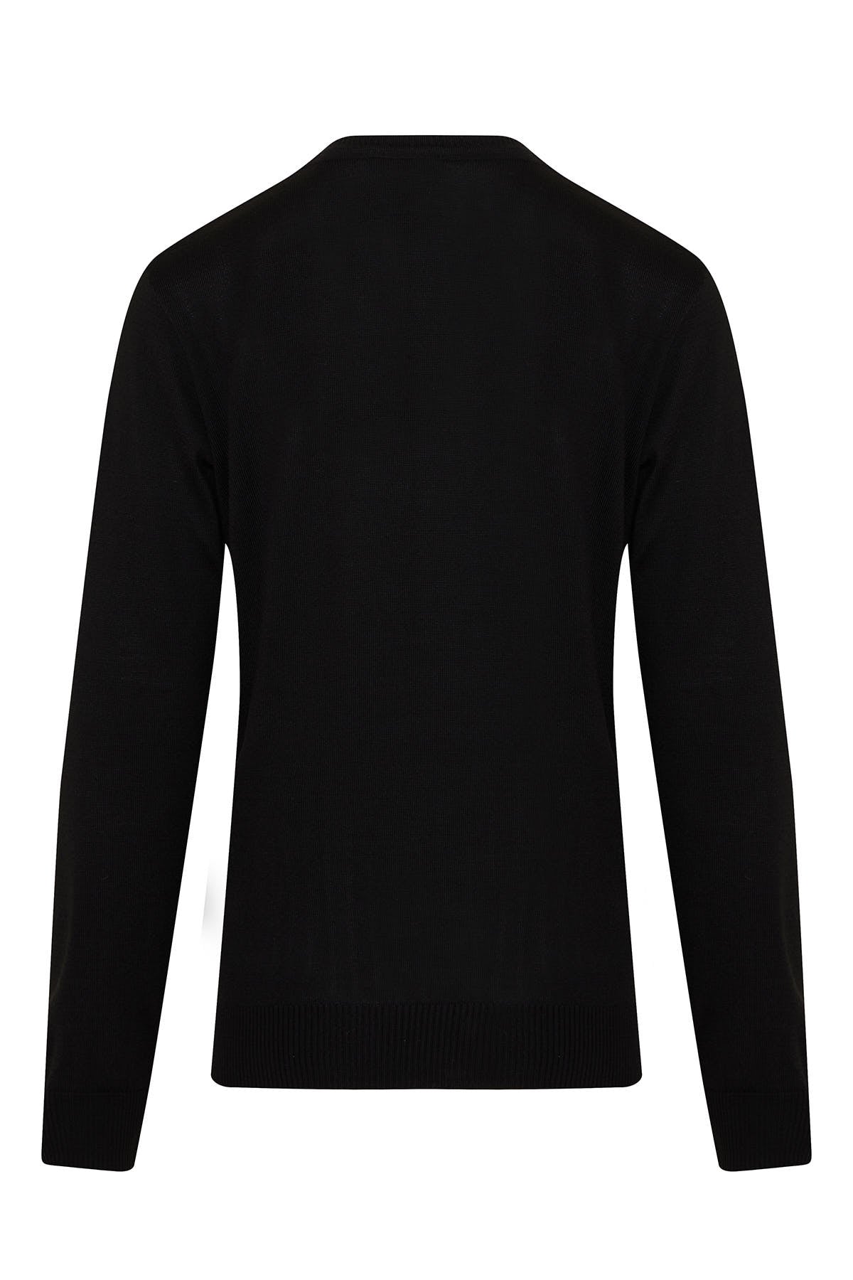 Black long-sleeved sweater with a ribbed crew neckline and cuffs.