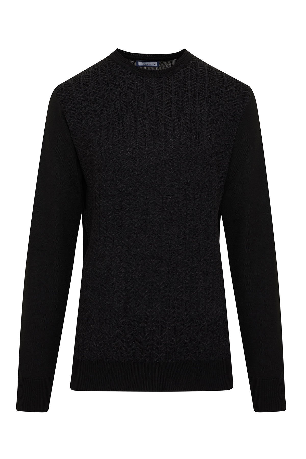 Black crewneck sweater with subtle textured pattern across the shoulders and chest.