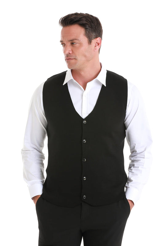 Regular Fit Black Knit Button Down Vest - SAYKI