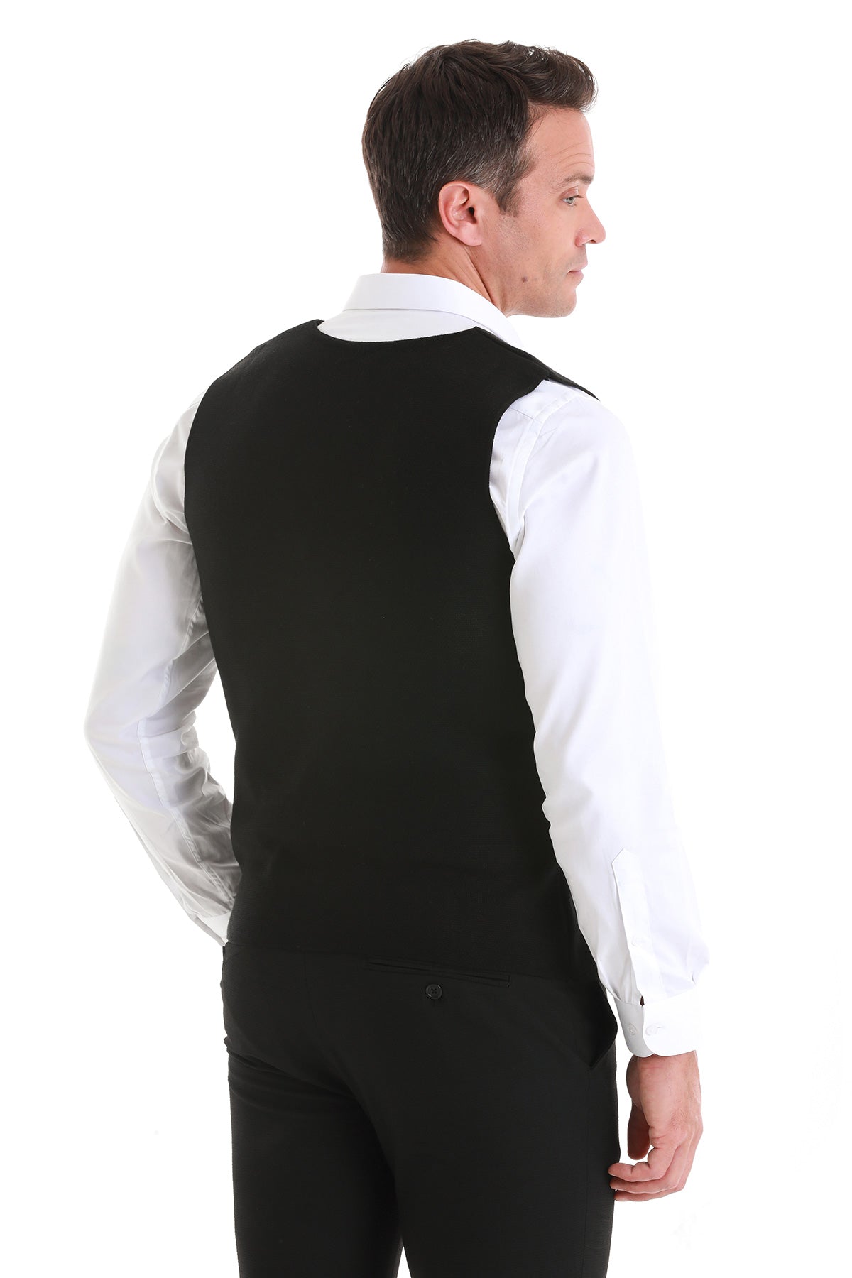 Black tailored vest with a sleek, structured design and subtle shoulder seams.