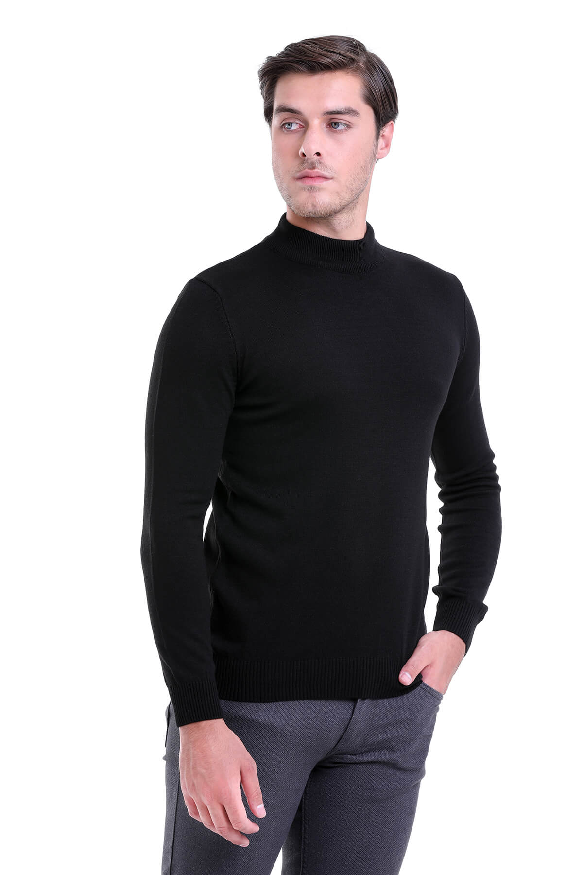 Regular Fit Black Mock Neck Sweater - SAYKI - 8682819297219
