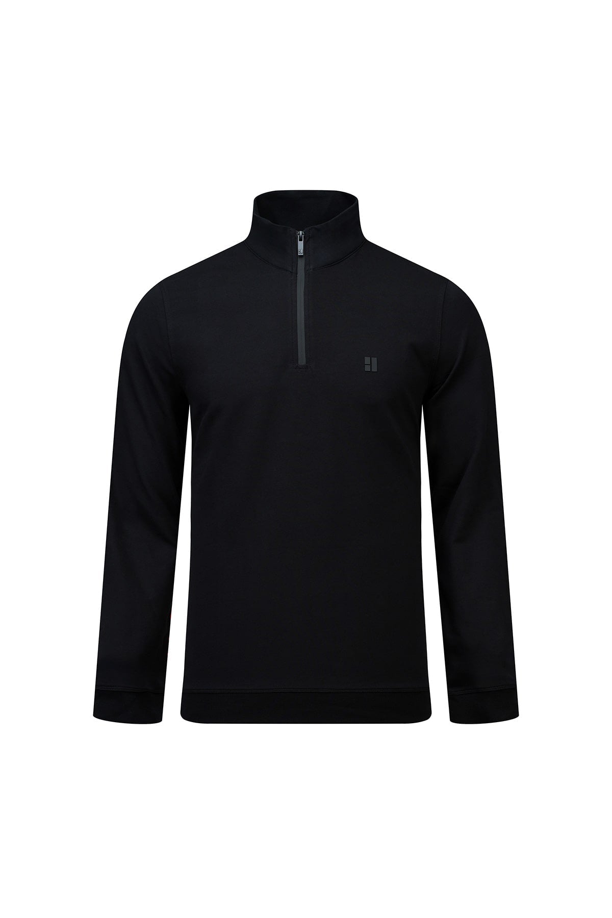 Regular fit black quarter-zip mock neck fleece pullover with subtle logo on left chest for casual wear