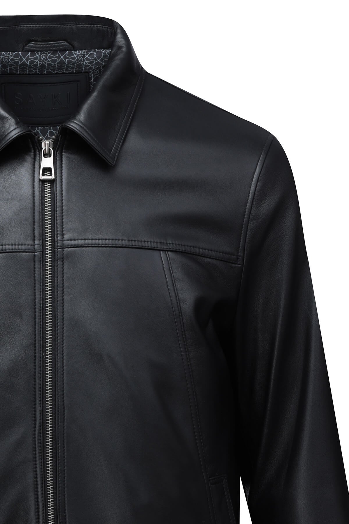 Black leather jacket with a silver zipper and subtle stitching details.