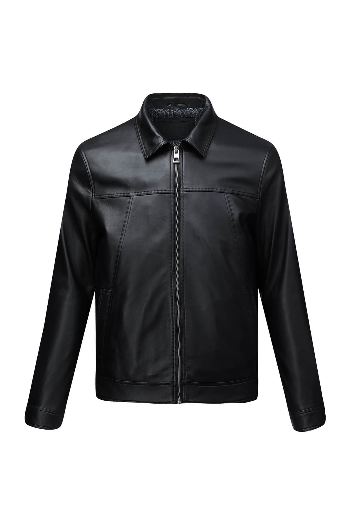 Black leather jacket with a classic collar and front zipper.