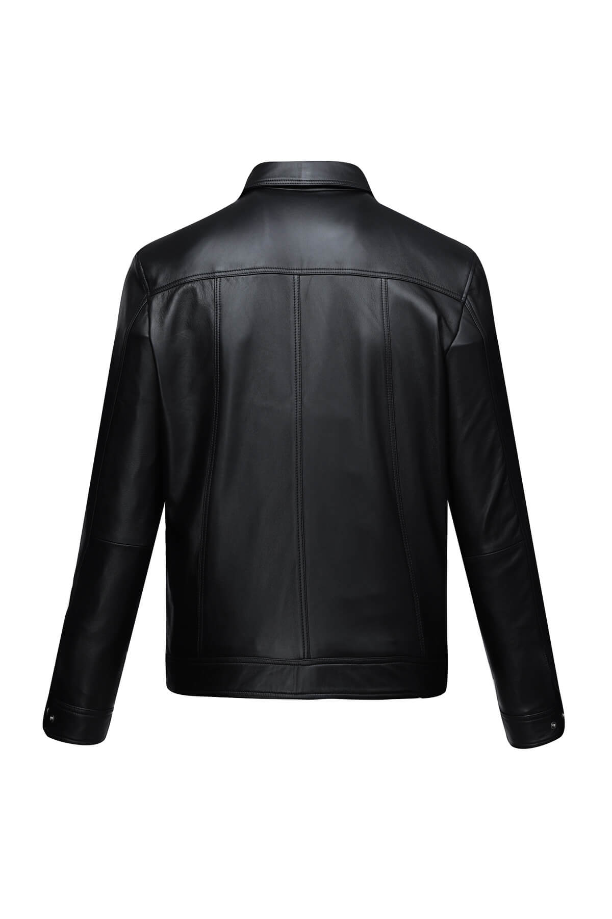 Black leather jacket with a classic collar and clean, straight stitching.