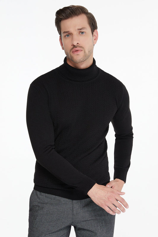 Regular Fit Black Turtleneck Sweater - SAYKI - 8682819137430