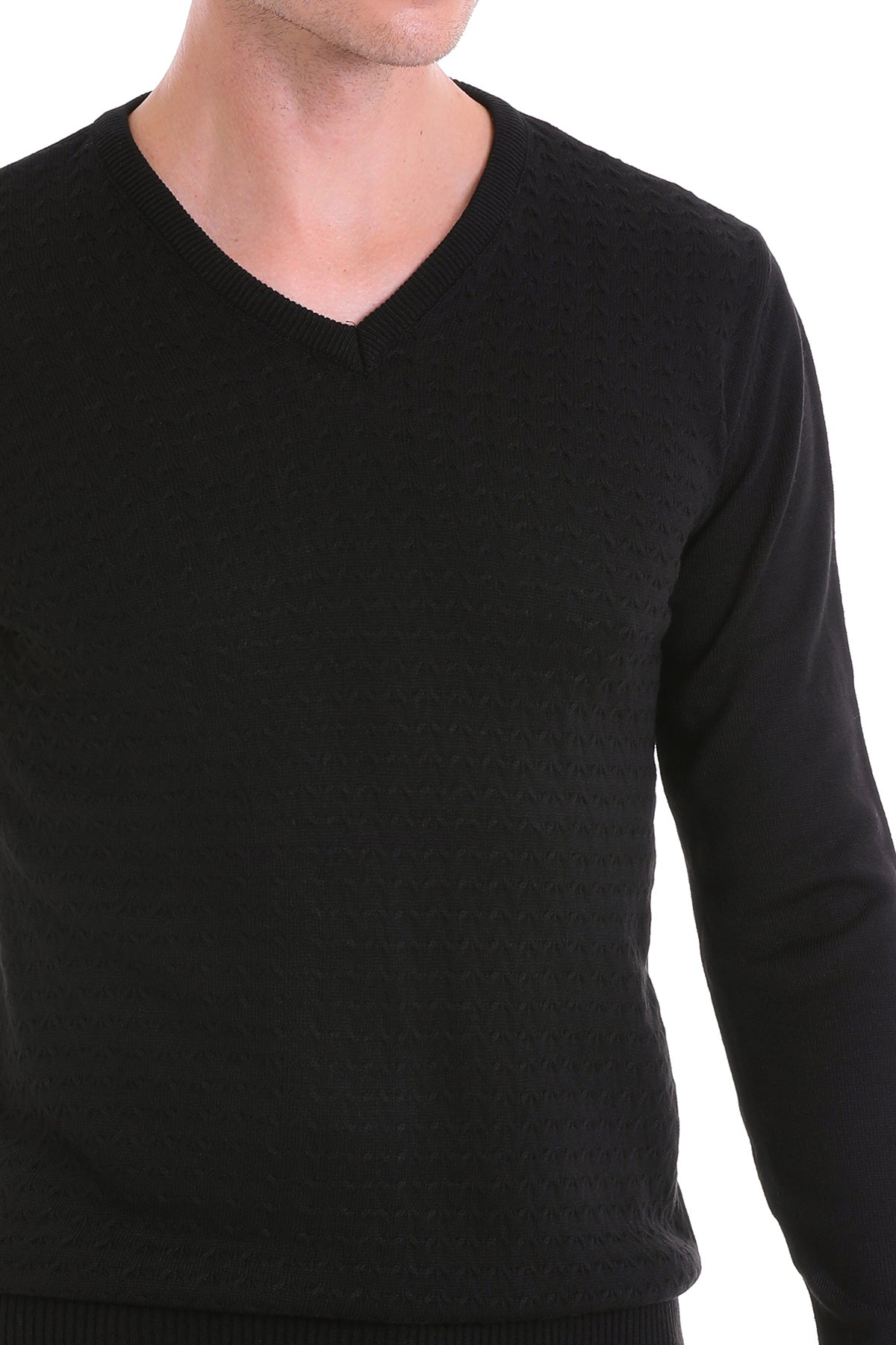 Regular Fit Black V-Neck Sweater - SAYKI