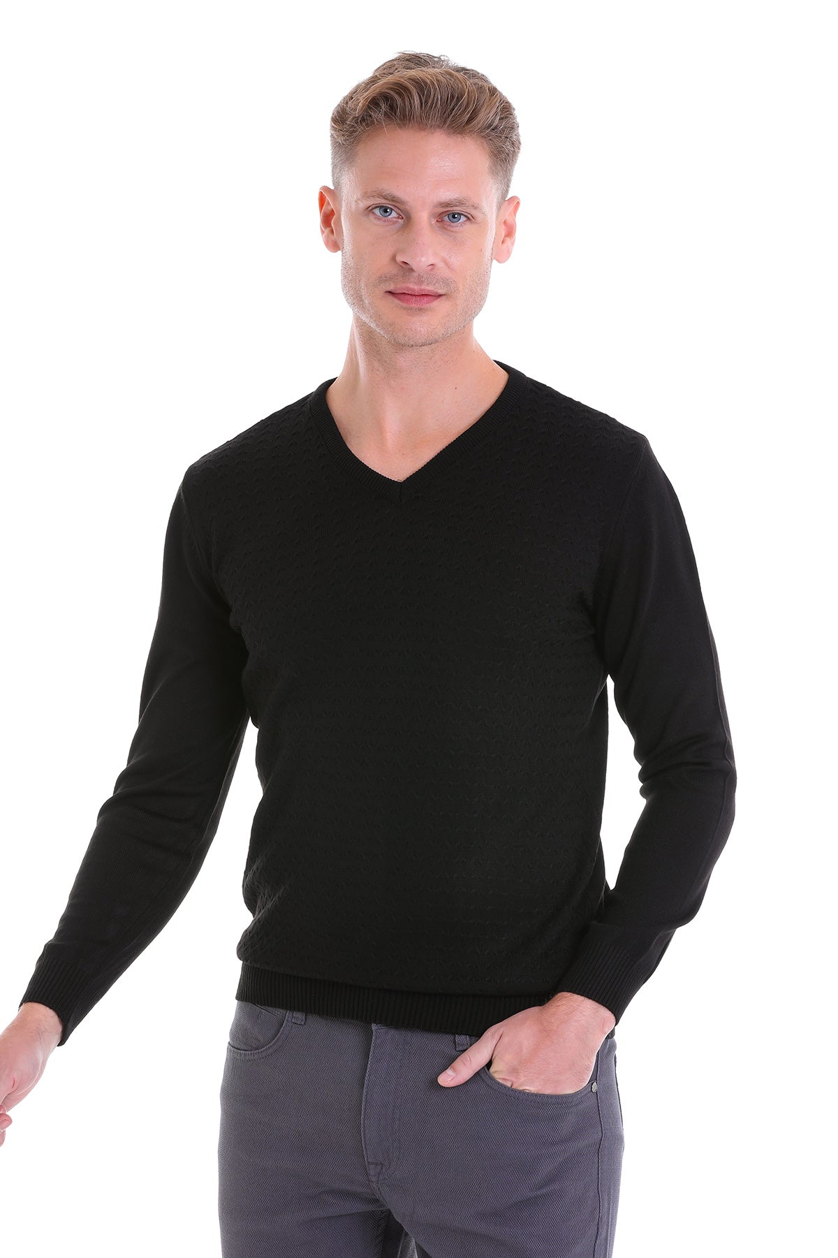 Regular Fit Black V-Neck Sweater - SAYKI
