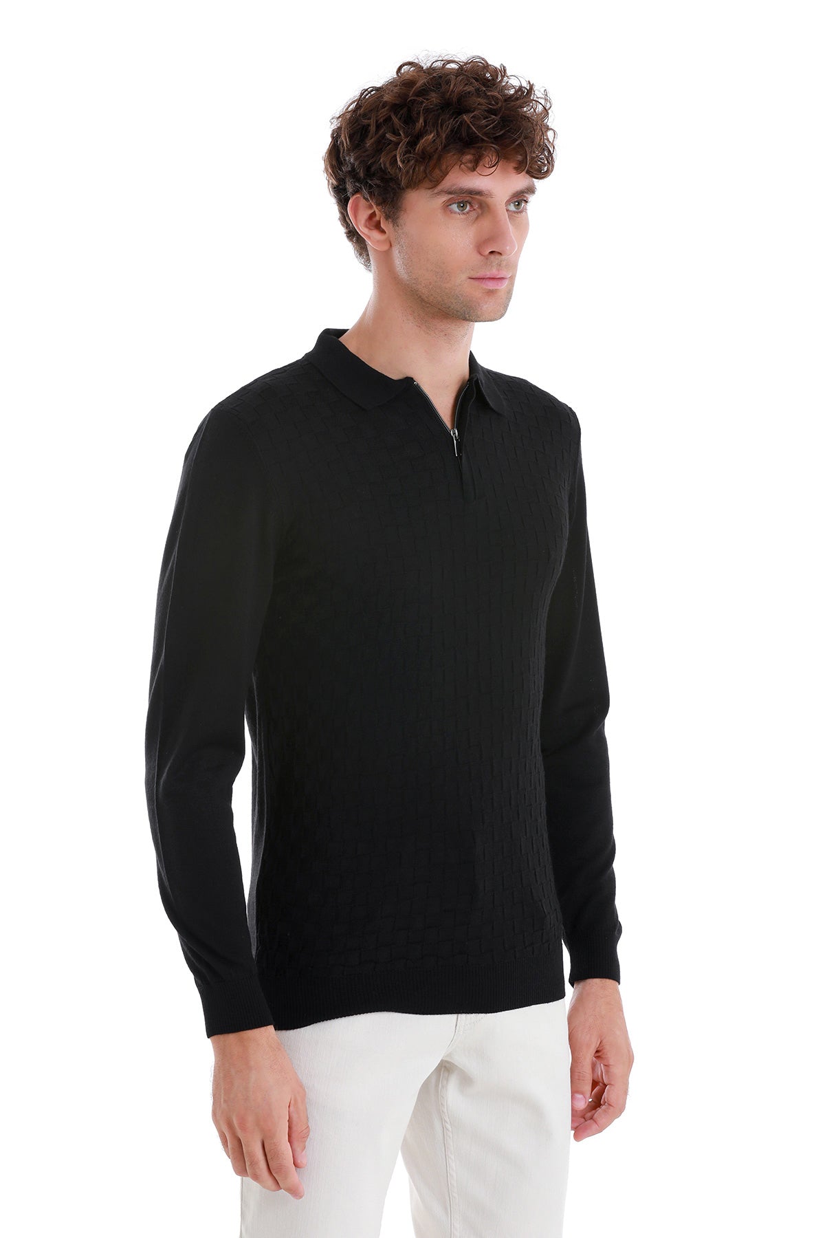 Regular Fit Black Wool Blend Jacquard Polo Sweater - SAYKI