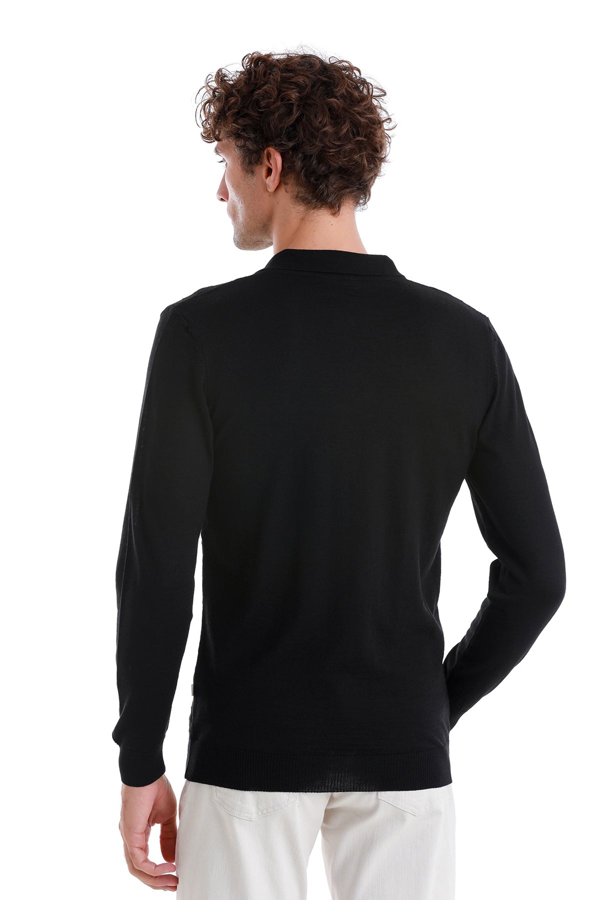 Regular Fit Black Wool Blend Jacquard Polo Sweater - SAYKI