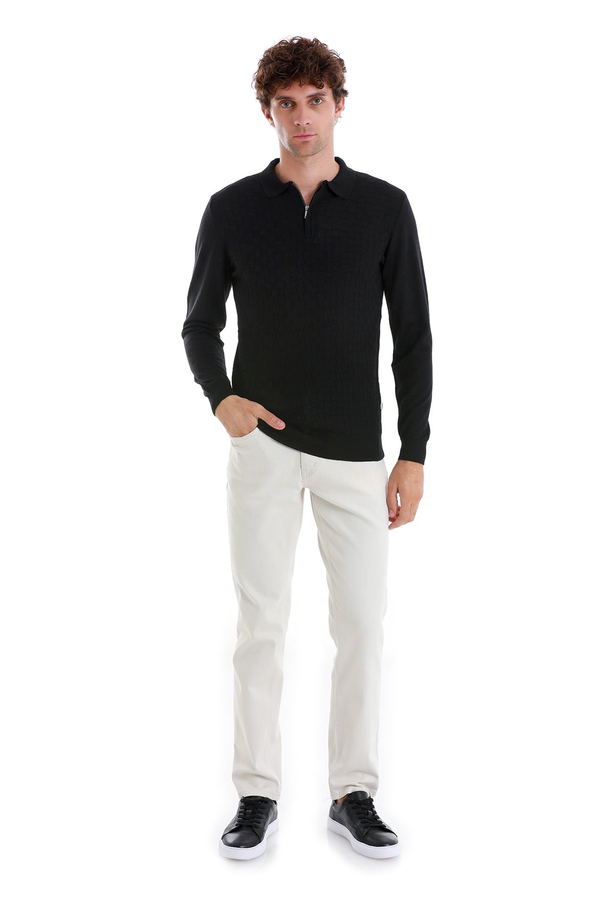 Regular Fit Black Wool Blend Jacquard Polo Sweater - SAYKI