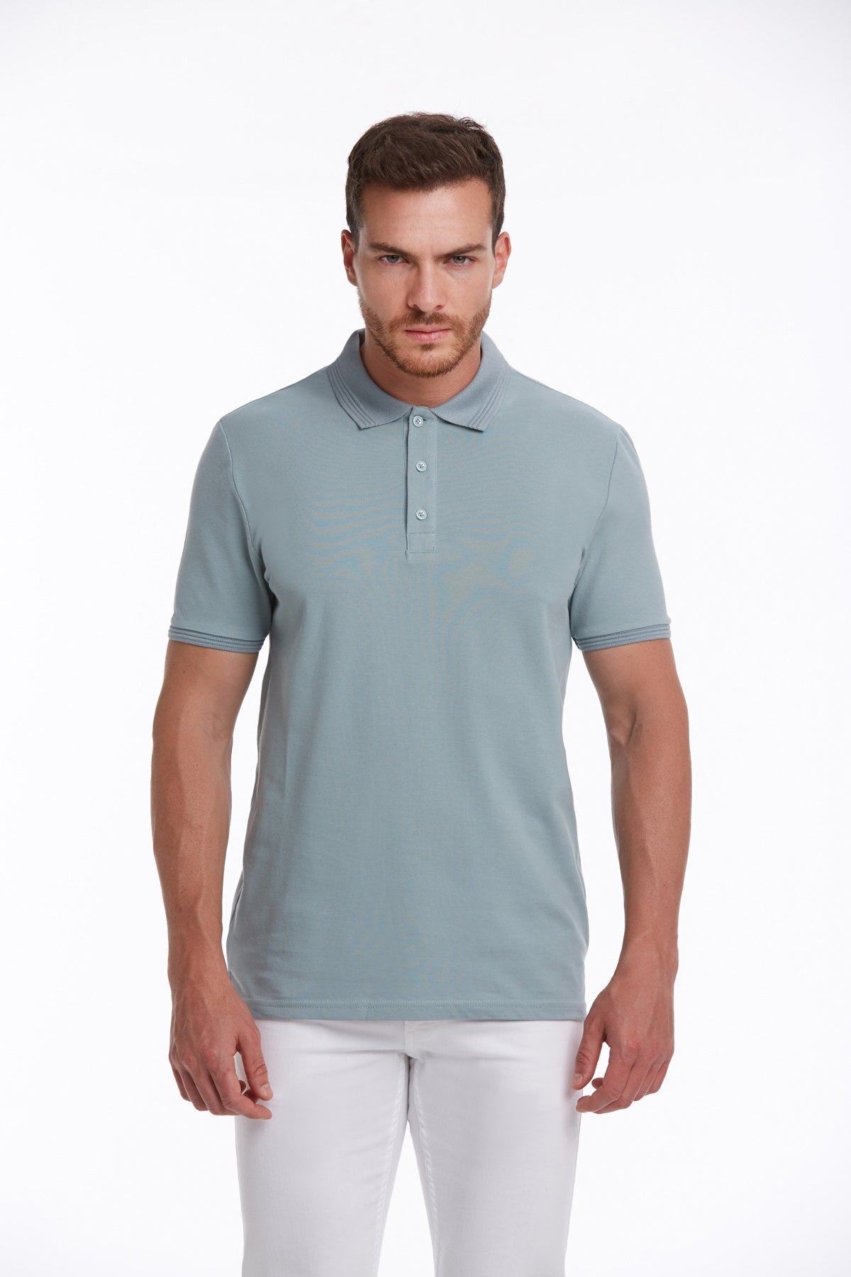 A light blue, short-sleeved polo shirt with a classic collar and buttoned placket.