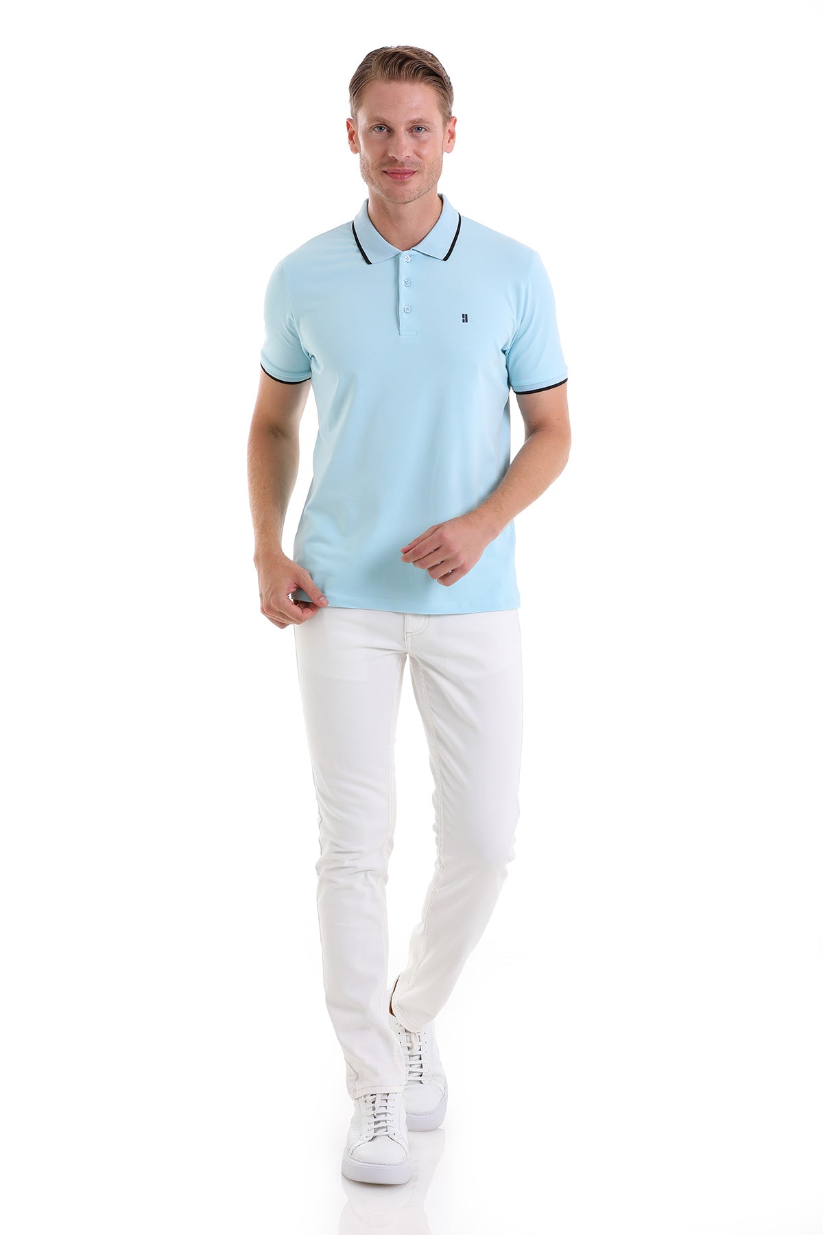 Regular Fit Blue Basic 100% Cotton Polo T-Shirt - SAYKI