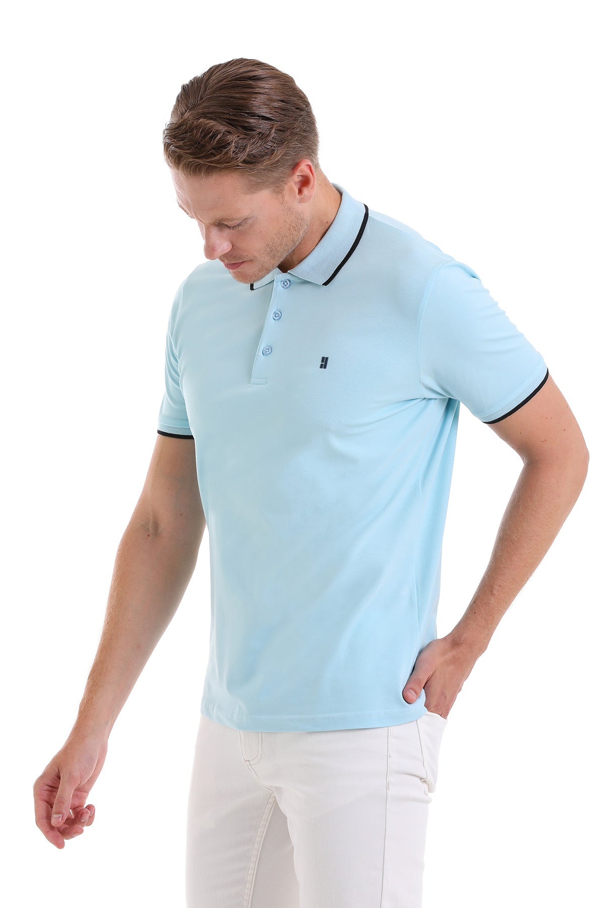 Regular Fit Blue Basic 100% Cotton Polo T-Shirt - SAYKI