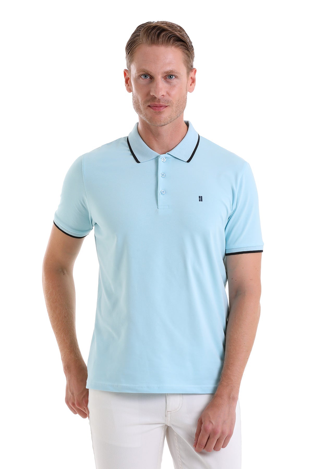 Light blue polo shirt with black trim on the collar and sleeve cuffs, featuring a small embroidered logo on the left chest.