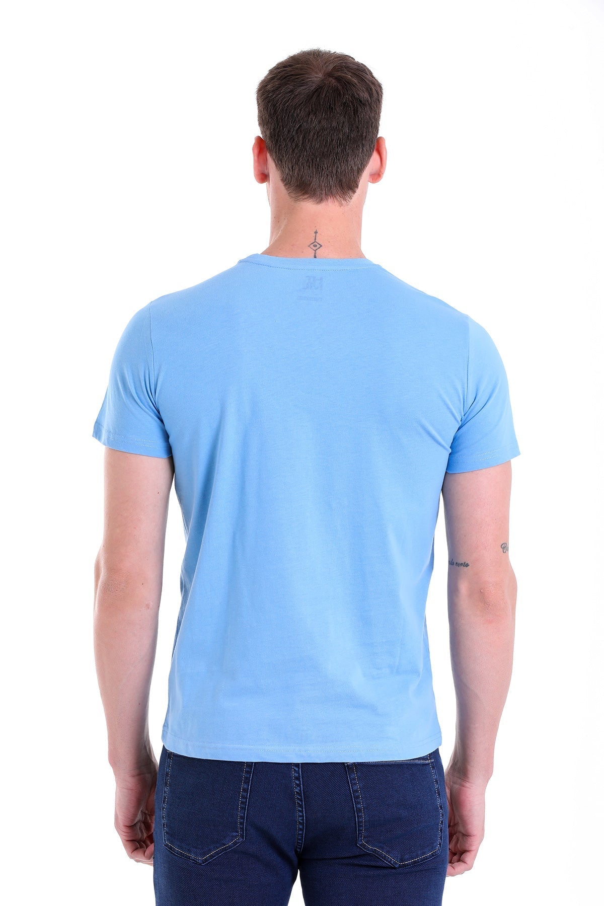 Regular Fit Blue Basic Cotton Crew Neck T-Shirt - SAYKI
