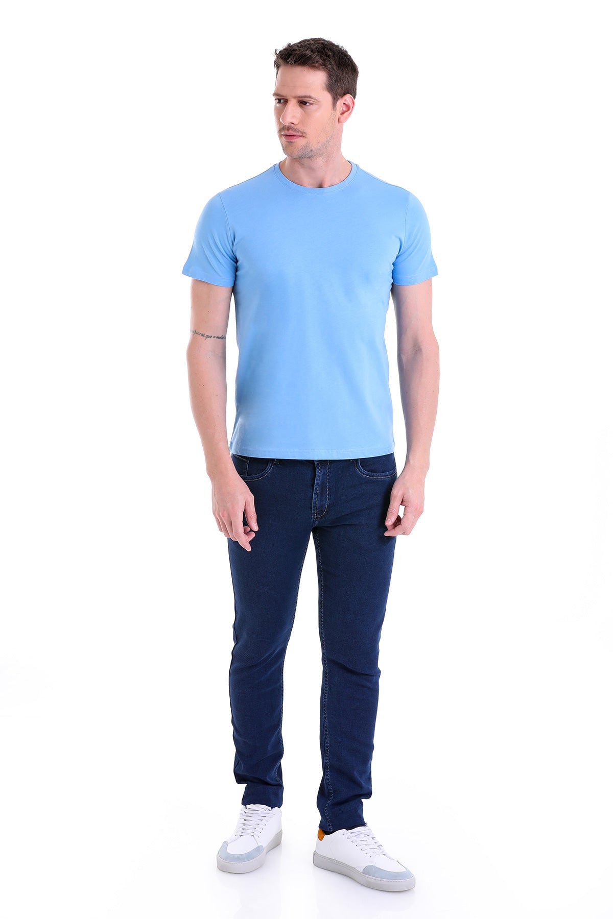 Regular Fit Blue Basic Cotton Crew Neck T-Shirt - SAYKI