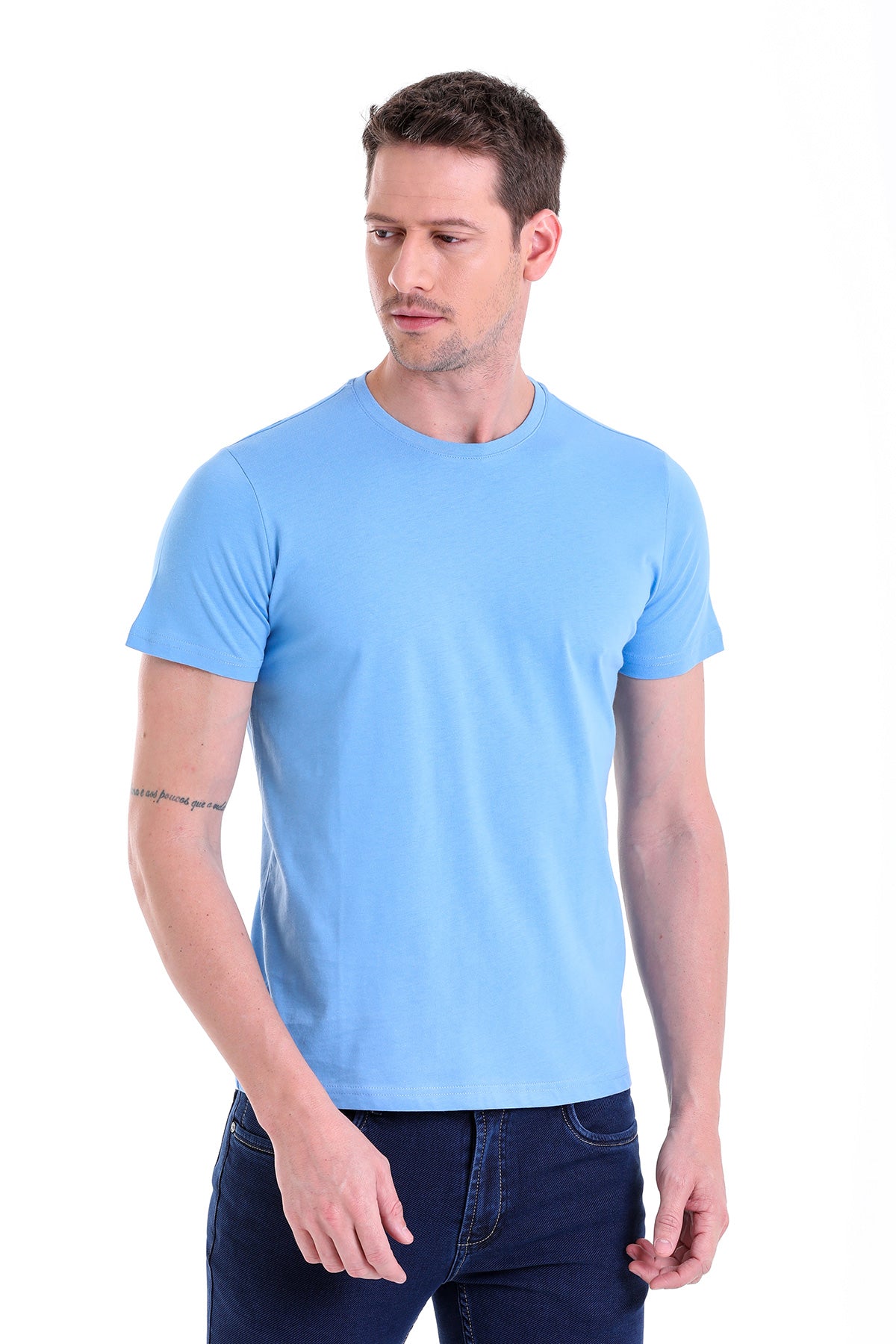 Regular Fit Blue Basic Cotton Crew Neck T-Shirt - SAYKI