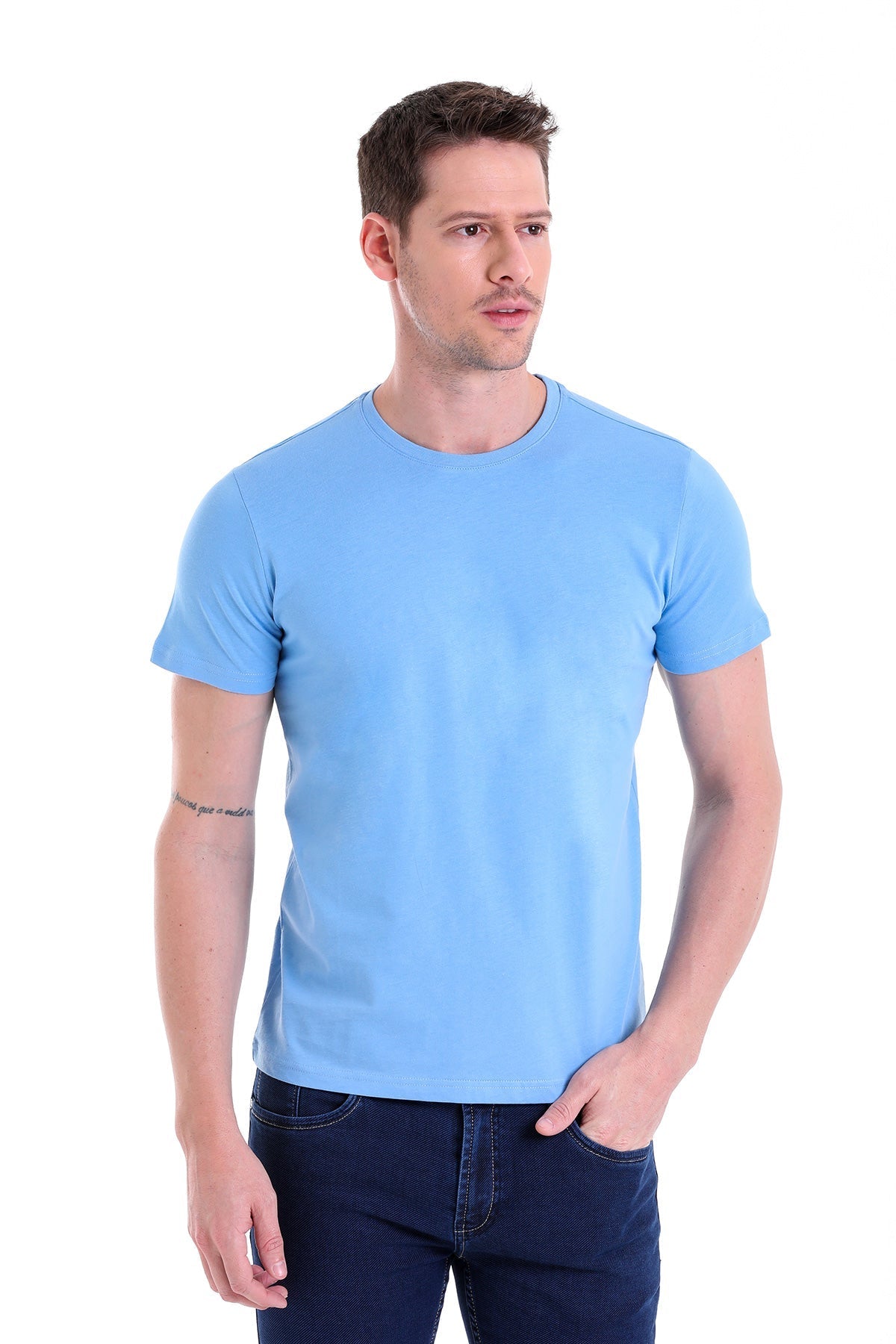 Regular Fit Blue Basic Cotton Crew Neck T-Shirt - SAYKI
