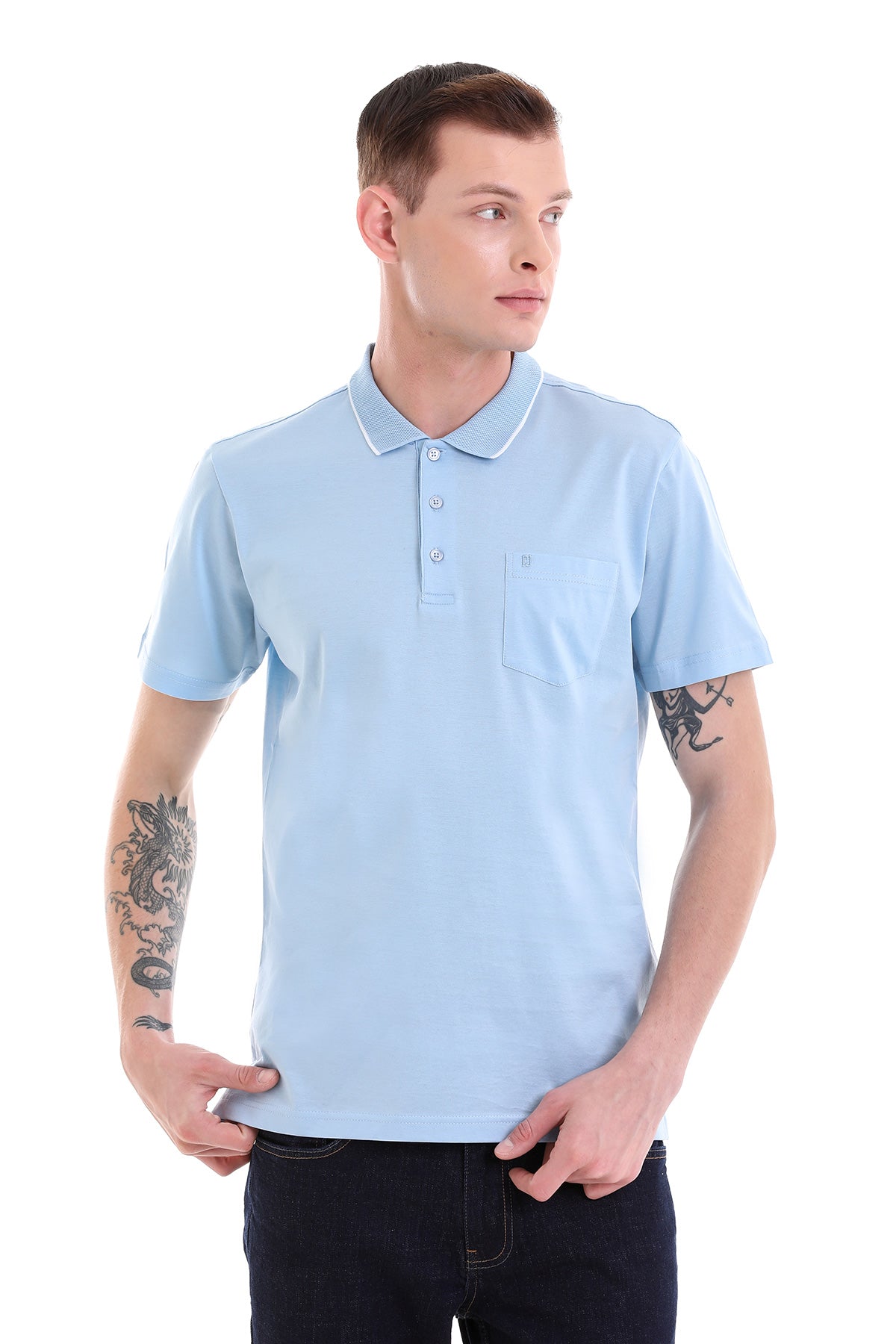 Regular Fit Blue Basic Cotton Polo T-Shirt - SAYKI