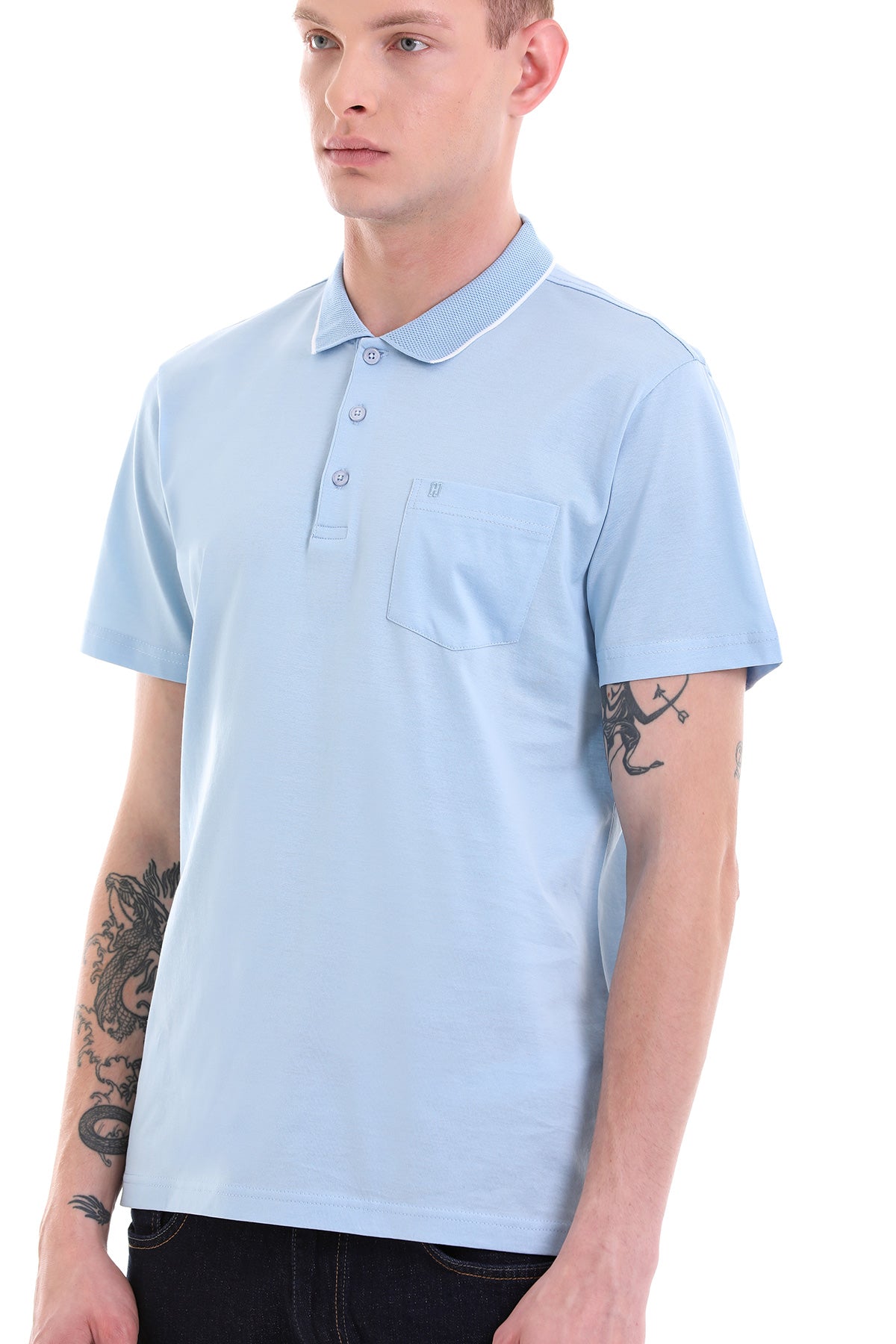 Regular Fit Blue Basic Cotton Polo T-Shirt - SAYKI