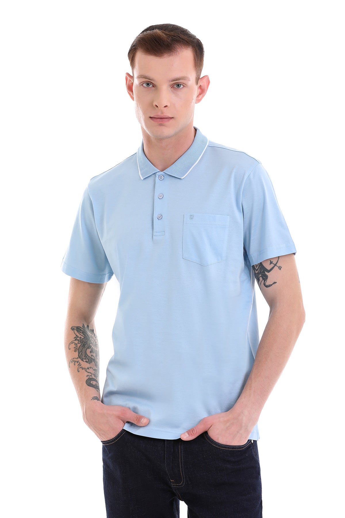 Light blue short-sleeved polo shirt with a collar and chest pocket.