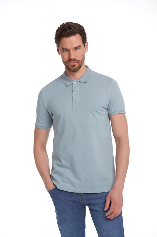 Light blue short-sleeved polo shirt with a classic collar and button placket.