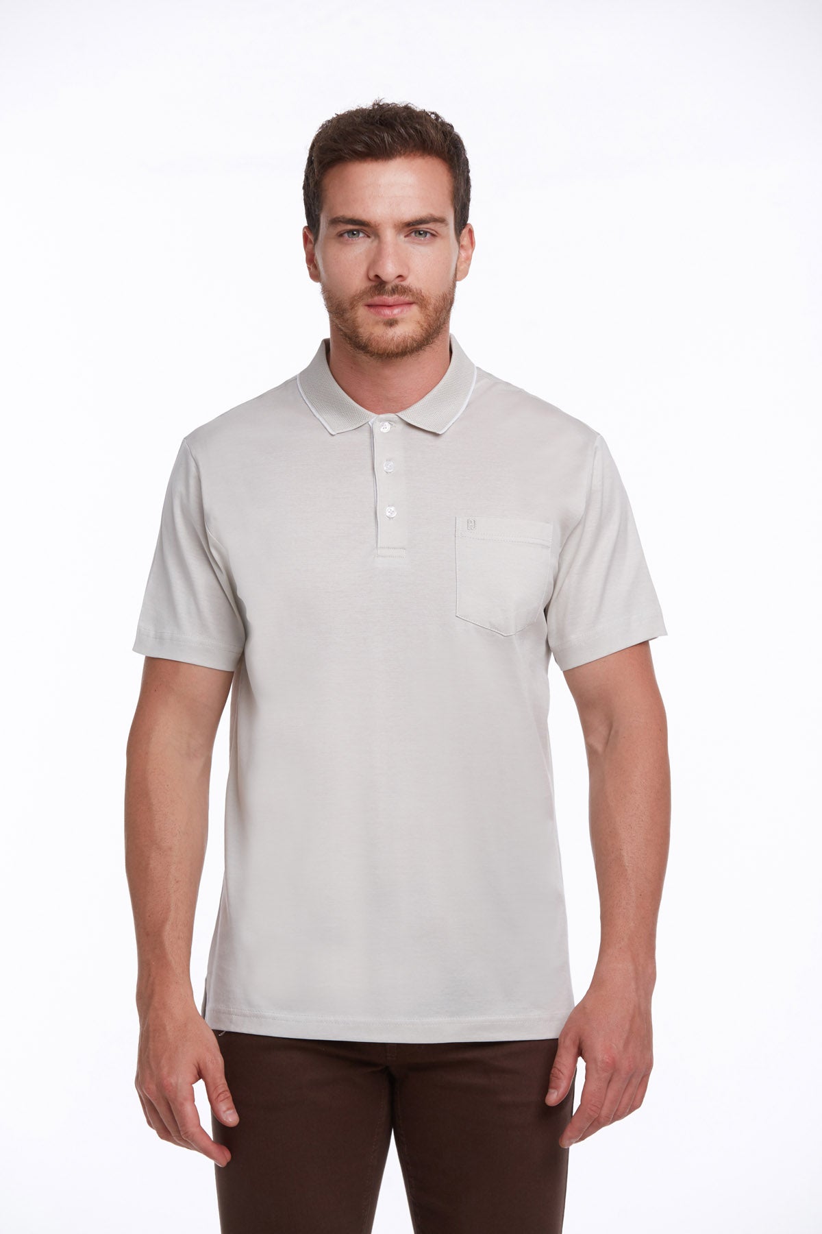 A light gray short-sleeved polo shirt with a classic collar and button placket, featuring a single chest pocket.