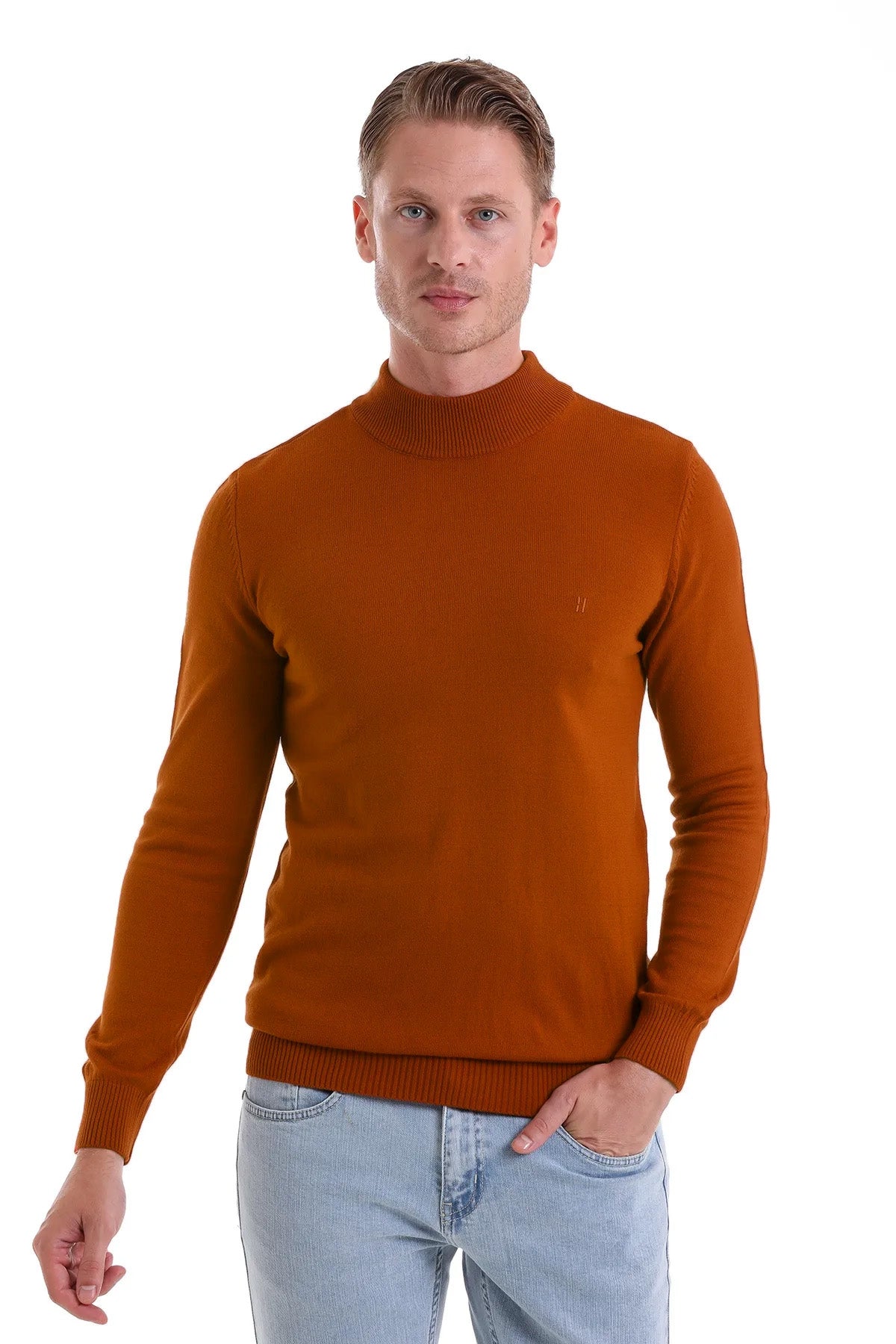 Regular Fit Brick Mock Neck Sweater - SAYKI