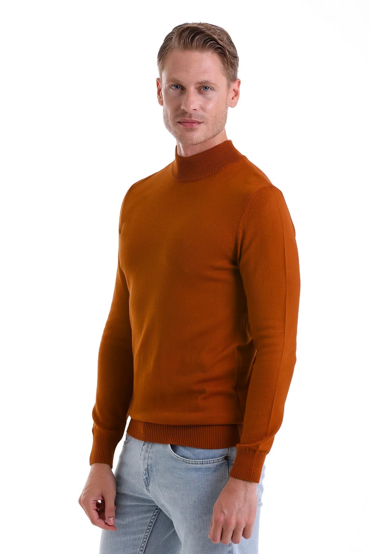Regular Fit Brick Mock Neck Sweater - SAYKI