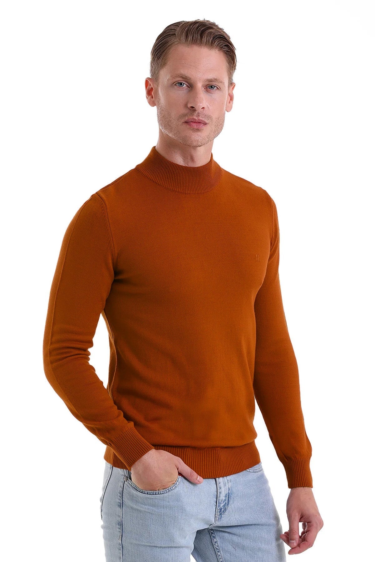 Regular Fit Brick Mock Neck Sweater - SAYKI - 8682819458559