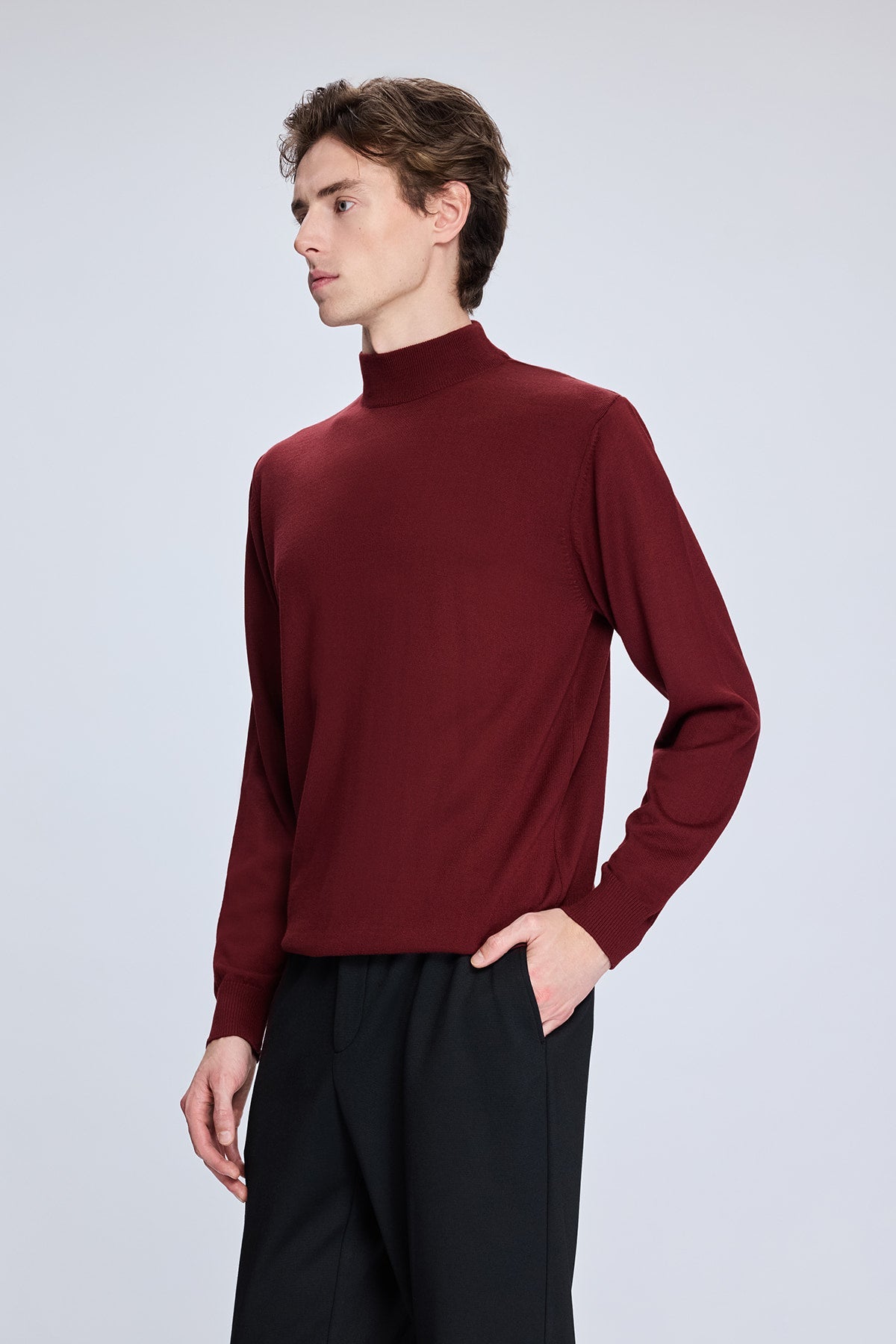 Regular Fit Brick Wool Blend Mockneck Sweater - SAYKI