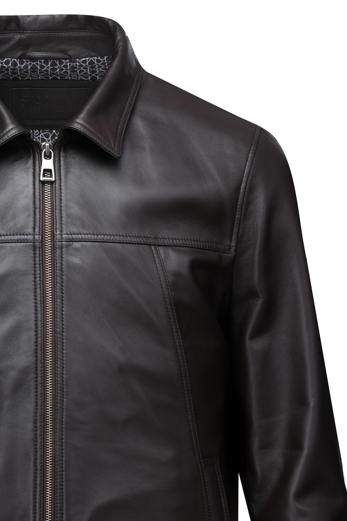Black leather jacket with a subtle sheen and structured stitching along the collar and front zipper.