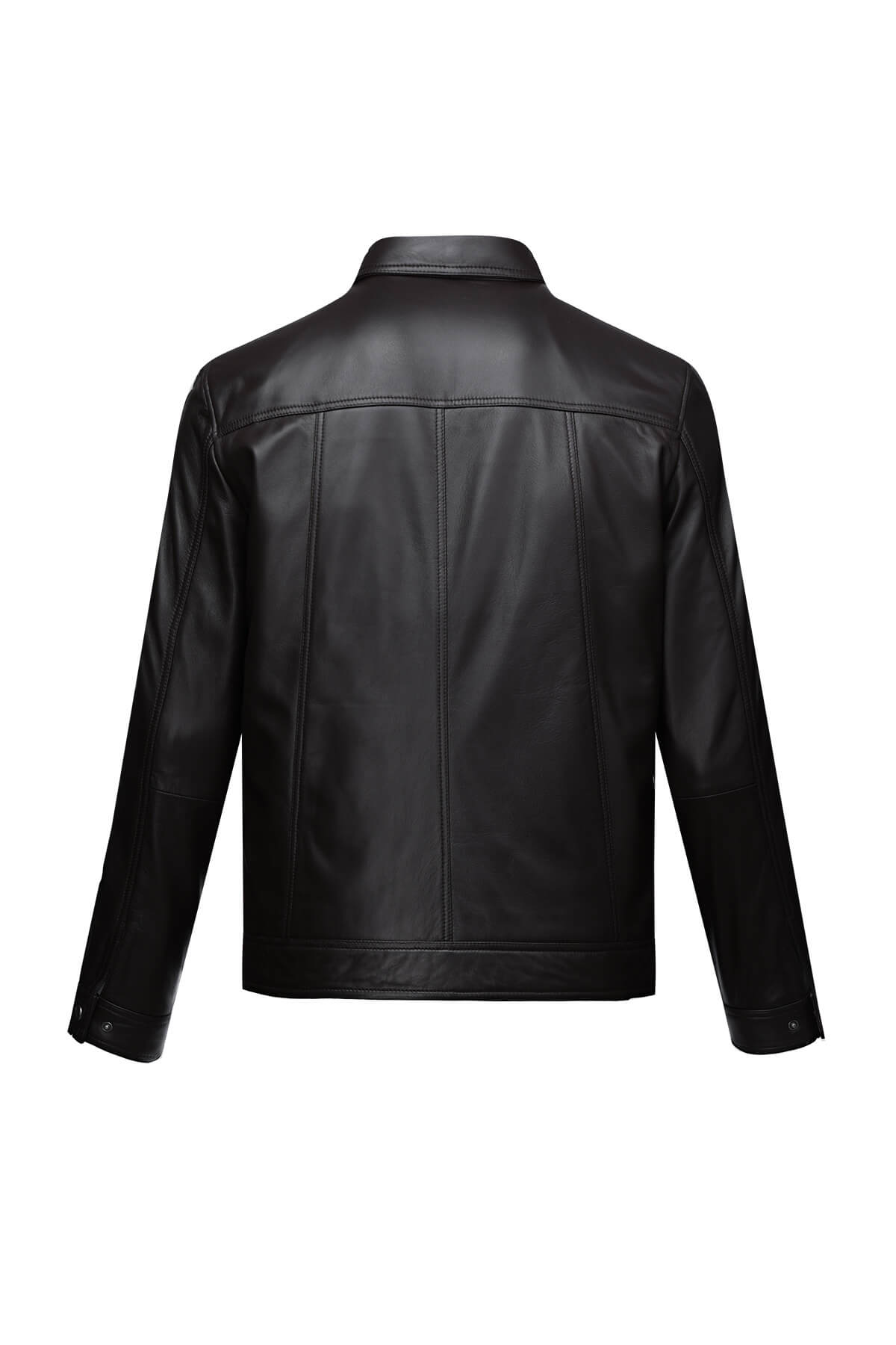 Black leather jacket with a classic collar and clean, straight stitching.