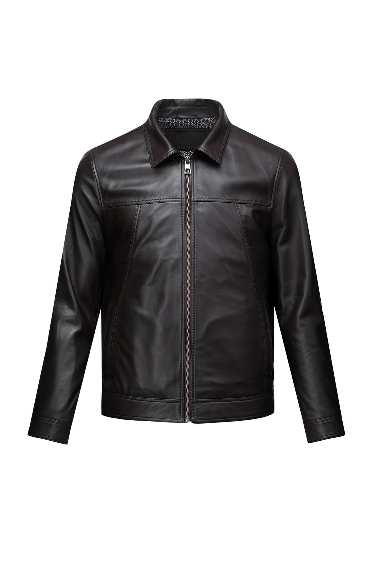 Black leather jacket with a classic collar and front zipper.
