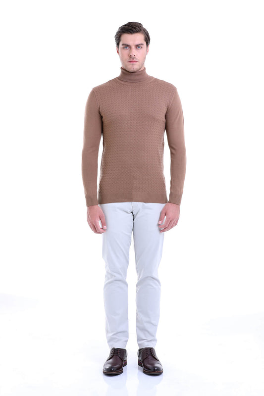 Regular Fit Brown Turtleneck Sweater - SAYKI