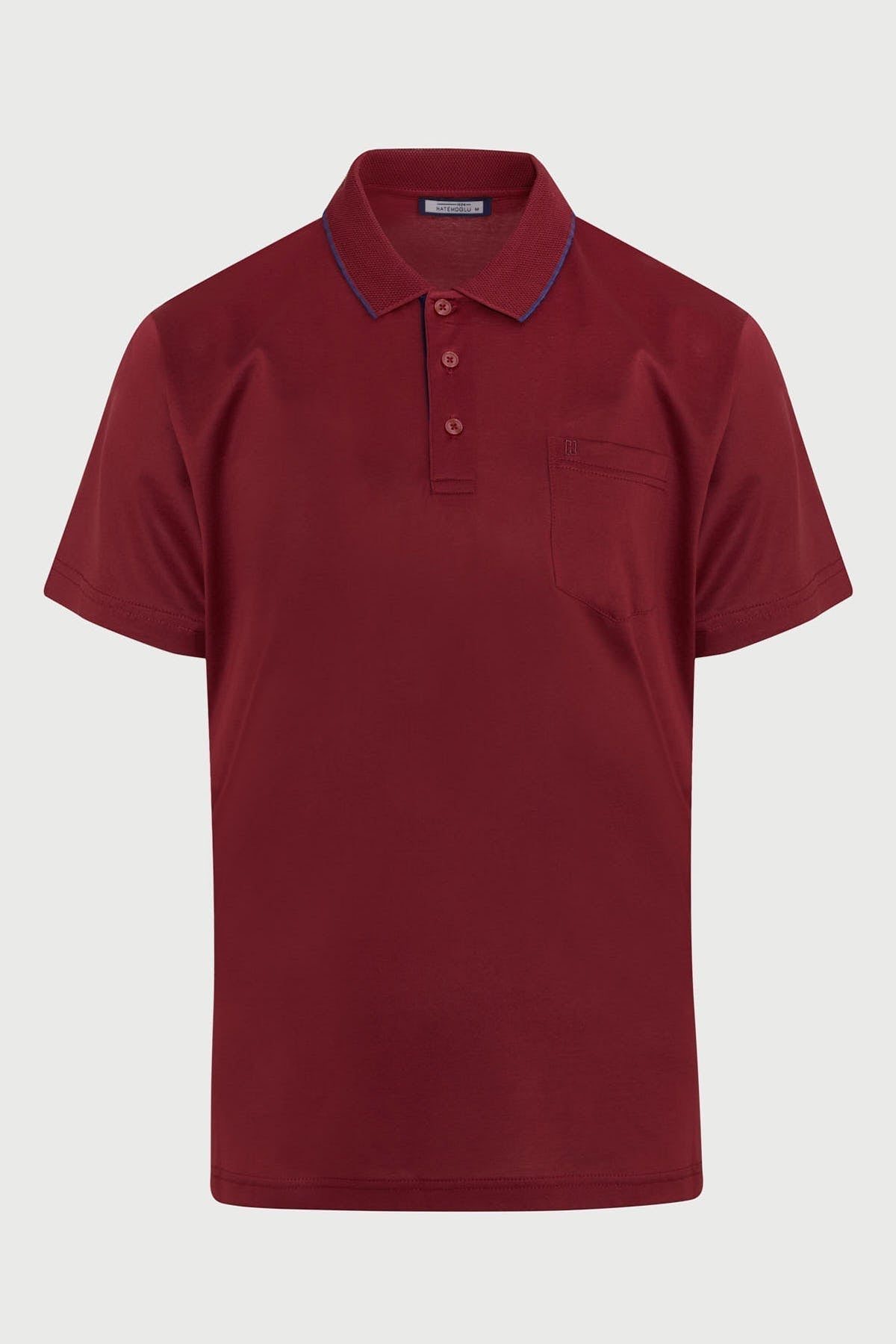 A rich burgundy short-sleeved polo shirt with a contrasting navy collar and button placket, featuring a single chest pocket.