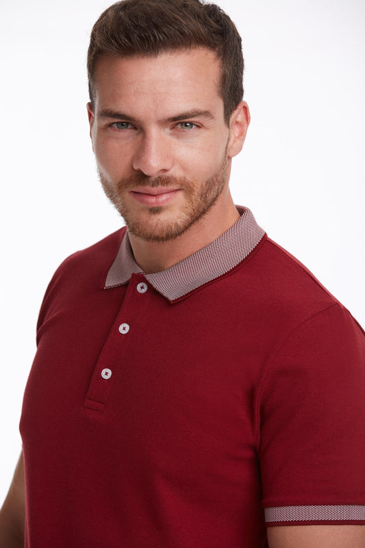 Red short-sleeved polo shirt with a contrasting light-colored checkered collar and sleeve trim.