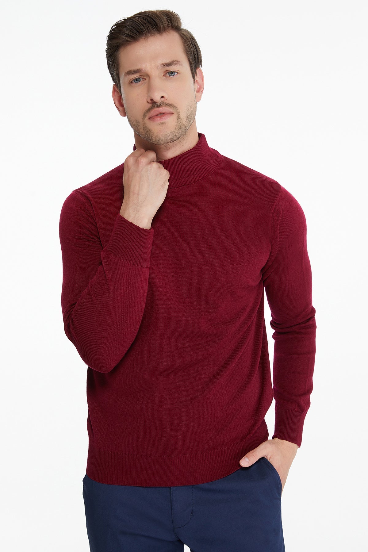 Regular Fit Burgundy Mock Neck Sweater - SAYKI