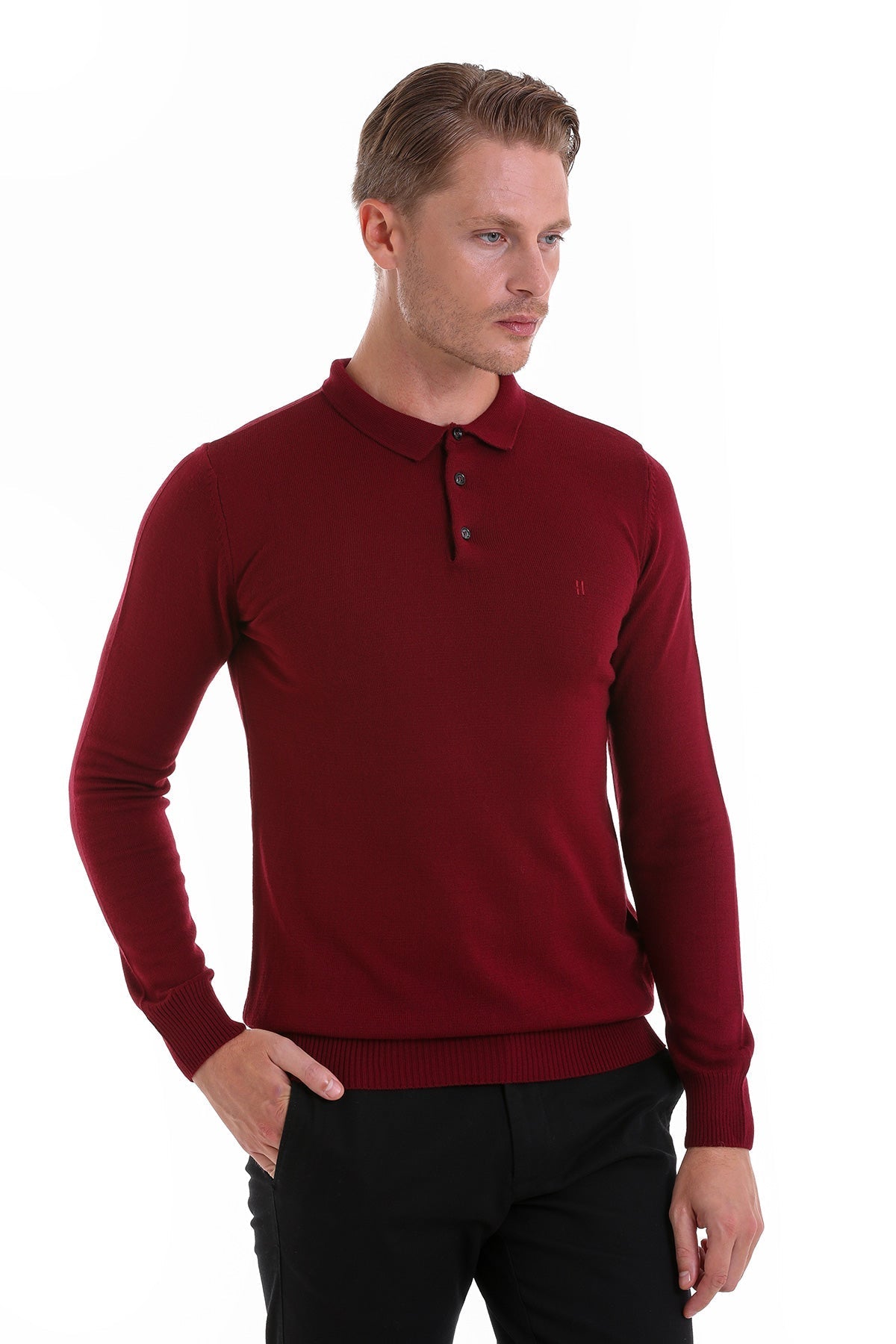 Regular Fit Burgundy Polo Sweater - SAYKI