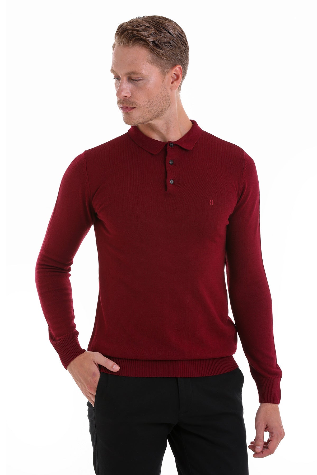 Regular Fit Burgundy Polo Sweater - SAYKI - 8682819459563